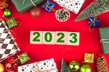Happy New Year 2023, Christmas 2023, Christmas gifts placed in a festive atmosphere