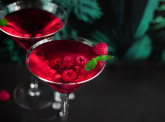 Red alcohol raspberry cocktails in martini glass on tropical background. Selective focus.