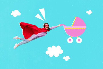 Creative collage photo of impressed excited gorgeous funny superhero girl flying hand hold baby...