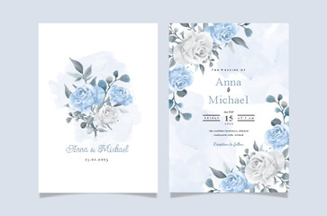 Fototapeta na wymiar Set of card with blue flower rose and leaves. Wedding ornament concept. Floral poster invitation. Vector decorative greeting card or invitation design background.