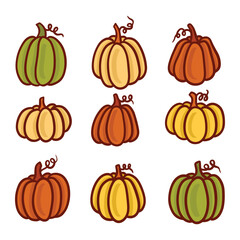 Cute hand drawn pumpkins on white background