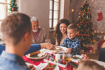 Family eating Christmas dinner at home