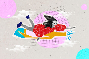 Collage 3d image of pinup pop retro sketch of funny funky young woman dream ride flying reactive...