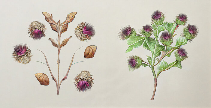 Bardane, Common, Burdock Lesser (Arctium). Botanical illustration on white paper. The best medicinal plants, their effects and contraindications. Natural medicine. Plant properties
