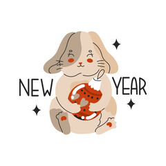 The rabbit is holding a Christmas toy. Quote new year. The rabbit is the symbol of the Chinese New Year. Christmas Easter Bunny for greeting cards. Zodiac signs. Vector illustration in cartoon style