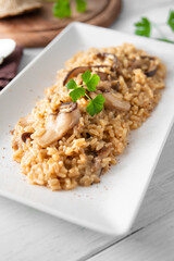 Vassoio di delizioso risotto ai funghi, cibo italiano