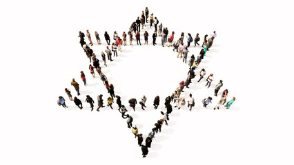 Concept or conceptual large gathering  of people forming the image of the religious hebrew star of David. A 3d illustration metaphor for Judaism and Israel, religion, spirituality, prayer or belief