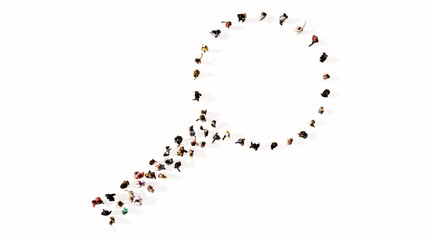 Concept or conceptual gathering of people forming an image of a magnifying glass on white background. A 3d illustration metaphor for science, research, fun, games and  exploration.