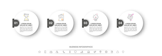 Vector presentation business template with 4 circles or steps. Simple infographic 3D paper label for content, chart, diagram, workflow.