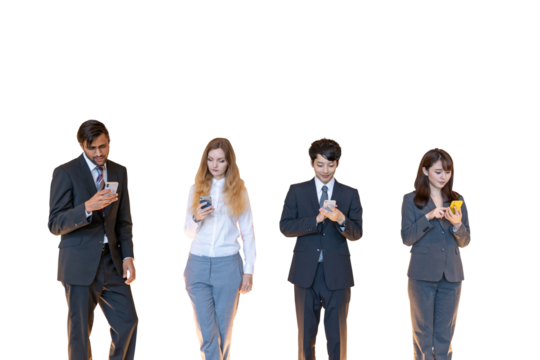 スマホを使う多国籍の人々　背景透過PNG　切り抜き写真