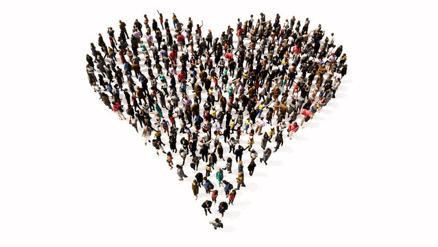 Concept or conceptual large gathering of people forming the image of a  heart on white background. A 3d illustration metaphor for love, romance, valentine's day, happiness, wedding, health or care