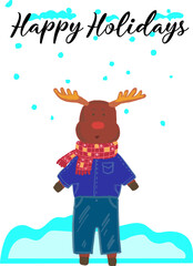 Vector hand drawn Holiday gift cards, winter snowy gift cards, Christmas, and New Year congratulations, Christmas, Happy Holidays, wearing elk, moose in clothing