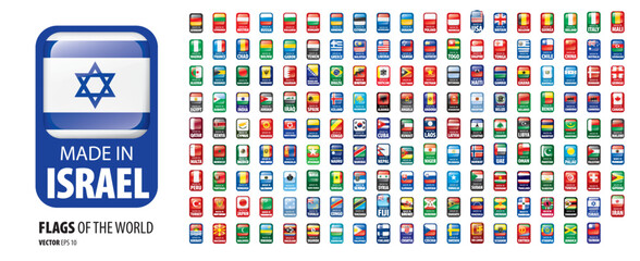 A set of vector icons with flags of countries and with the inscription made in