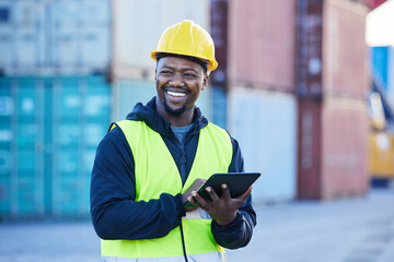 Logistics, tablet and black man shipping cargo on the internet while working at an outdoor...