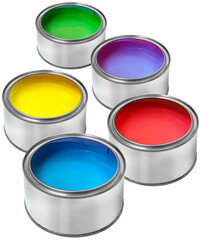 Tin cans with color paints red blue green yellow lilac purple isolated