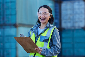 Construction worker in supply chain logistics, success in woman empowerment and freight shipping...