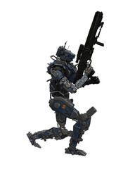 Mech droid soldier holding and reloading a cyberpunk rifle. 3D illustration isolated.