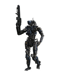 Cyberpunk droid soldier walking with rifle in hand. 3D rendering isolated.
