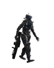 Futuristic mech droid walking holding a sniper rifle. 3D illustration isolated.