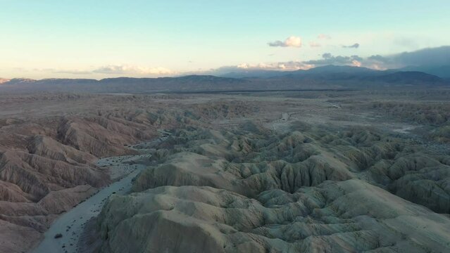 Overhead Top-Down Aerial shot in 4k at Arroyo Tapiado Mud Caves in the Anza Borrego State Park; Early Twilight