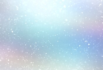 Light snow falling on blue sky iridescent empty blur background. Subtle spectrum sheen. Wonderful winter simple illustration.