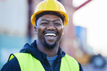 Portrait, logistics and black man smile with helmet or hard hat at shipyard and confident at work....