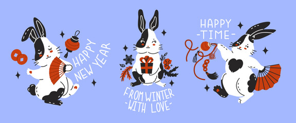 The rabbit is the symbol of the Chinese New Year. Christmas or Easter Bunny for greeting cards. Zodiac signs. Posters, prints for children's clothing and textiles. Vector illustration in cartoon style