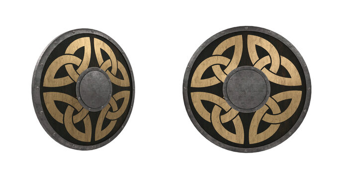 3D rendering of a medieval wooden Viking shield with gold painted design isolated.