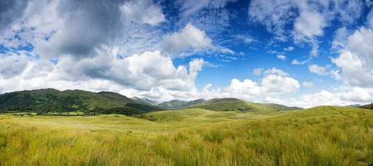 Panorama of the Scottish Highlands with button grass in the foreground and the rolling mountains with a summer sky behind