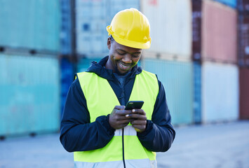 Social media, logistics and employee working in shipping typing on a mobile app with phone at a...