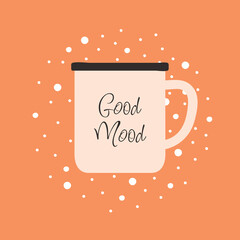 Hot beverage in metal mug, vintage cup. Vector latte or americano drink, aroma morning espresso, tea or coffee on breakfast in flat cartoon style