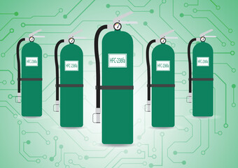 several tanks Green Fire Extinguisher on Green circuit board  background