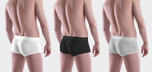 Template of white, black and heather  brief trunks on a sports body, isolated on the background in...