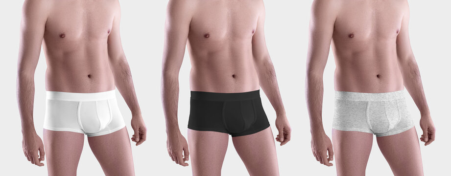Mockup of white, black and heather  brief underpants close-up, for design, pattern, advertising, front view.