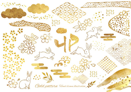 卯年のゴールドの和柄模様の素材セット