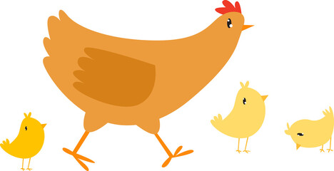 Cute family of chickens. Mother hen and chicks. Funny cartoon animal. Farm animal. A simple illustration of farm birds.