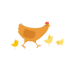 Cute vector family of chickens. Mother hen and chicks. Funny cartoon animal. Farm animal. A simple illustration of farm birds.