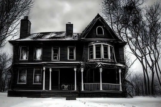 Horror house in a stormy weather. Old american type wooden house. Black and white digital illustration. CG Artwork Background