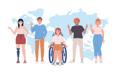 Obraz premium Diversity 2D vector isolated illustration. Social inclusion flat characters on world map background. Happy people all over world colourful editable scene for mobile, website, presentation