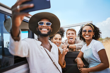 Phone selfie, friendship and car road trip or nature safari holiday travel in Africa together happy for adventure. Mobile photography of excited men, women or young group of people on summer vacation - obrazy, fototapety, plakaty