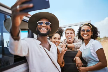 Foto op Canvas Phone selfie, friendship and car road trip or nature safari holiday travel in Africa together happy for adventure. Mobile photography of excited men, women or young group of people on summer vacation © S Fanti/peopleimages.com
