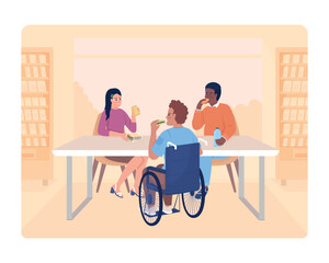 Chatting with friends 2D vector isolated illustration. Having dinner at canteen flat characters on cartoon background. Students talking colourful editable scene for mobile, website, presentation