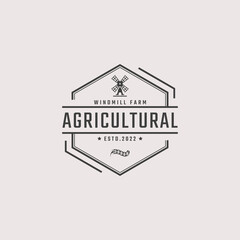 Vintage Retro Badge Emblem Agricultural Windmill Bakery Organic Wheat Logo Design Linear Style. Monochrome Countryside Alternative Power Wind Mill Energy Ecology Rural Production Mark