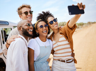 Safari, travel and friends phone selfie for social media with multiracial people on dirt road. Diverse friendship group enjoying bush holiday together in South Africa with smartphone photograph. - Powered by Adobe