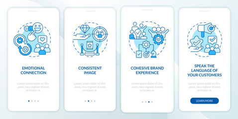Fototapeta na wymiar Ways to develop brand longevity blue onboarding mobile app screen. Walkthrough 4 steps editable graphic instructions with linear concepts. UI, UX, GUI template. Myriad Pro-Bold, Regular fonts used