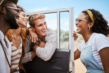 Friends, travel and nature road trip, holiday or summer adventure vacation spending outdoors time...