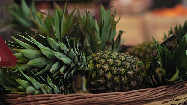 Fresh farm fruits pineapples are in drawer box on shelf in store shop. Natural organic food. Healthy diet, assortment of vitamins. Agriculture. Big modern mall, grocery