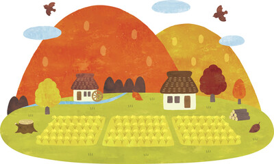 日本の昔の田舎の秋の風景水彩 © まるまる