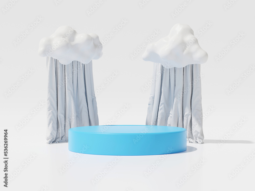 Poster 3d render of blue geometry showcase podium and floating cloud with white curtain for product presentation.