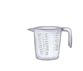 Measuring cup watercolor and pencil illustration. Kitchen tool Baking design element Hand painted food png clipart. Bakery, cafe, restaurant menu element. Recipe book, cooking book graphics. 